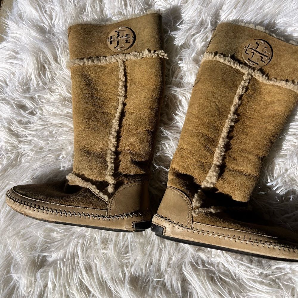 Tory Burch Camel Leather Suede Shearling Tall Reva Moccasin Boots